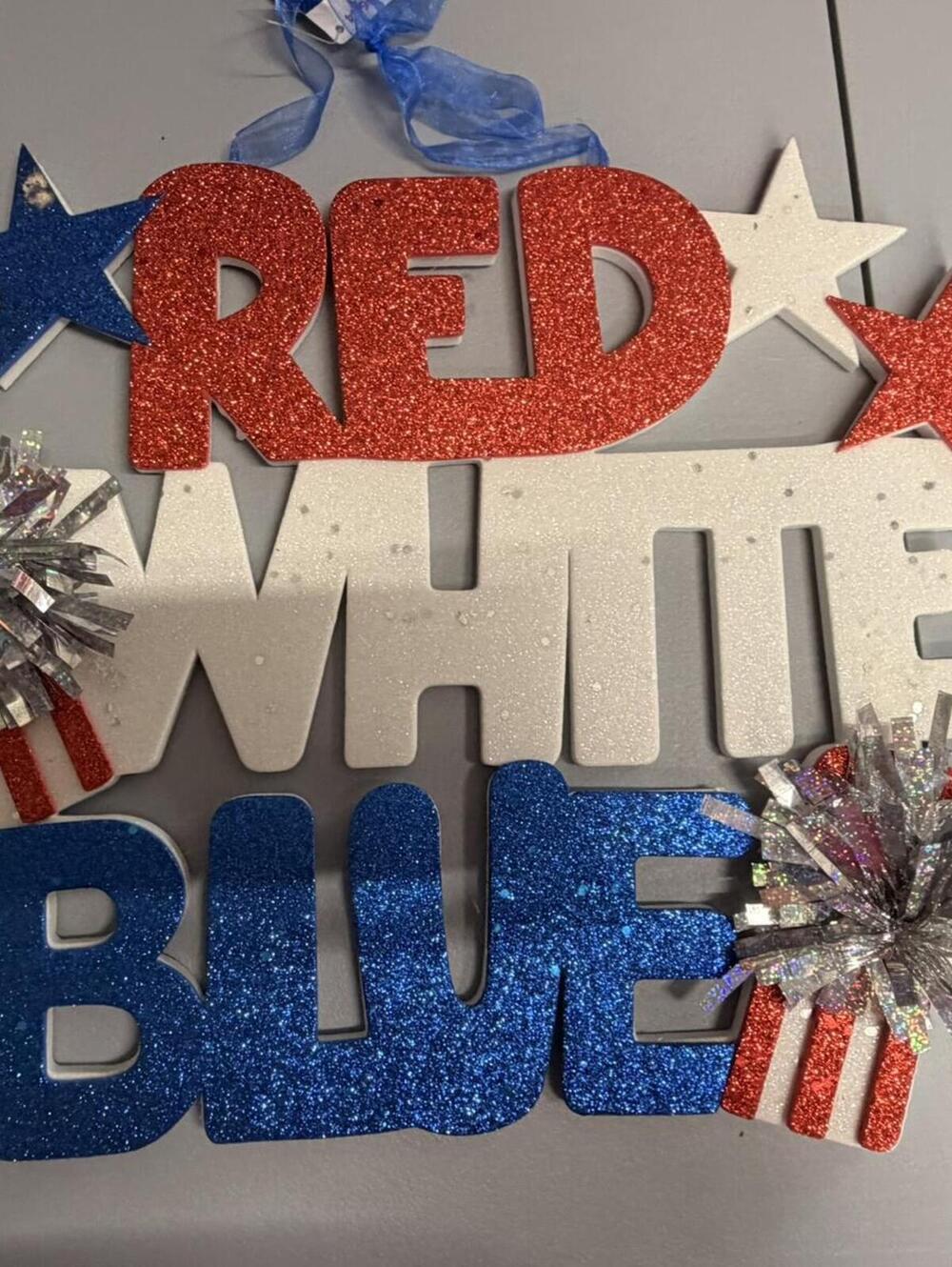 Patriotic RED WHITE BLUE Glitter Hanging Decor Wall Sign - Picture 2 of 5